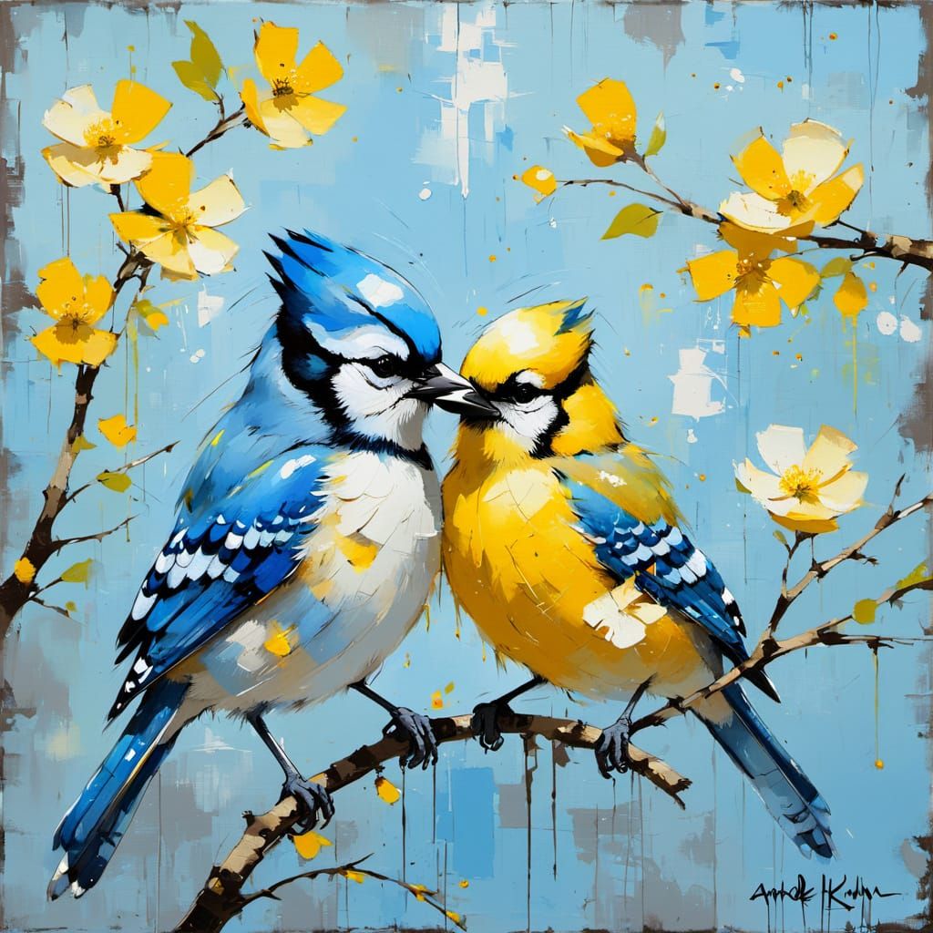 Blue Jay and Canary in Impressionistic Realism