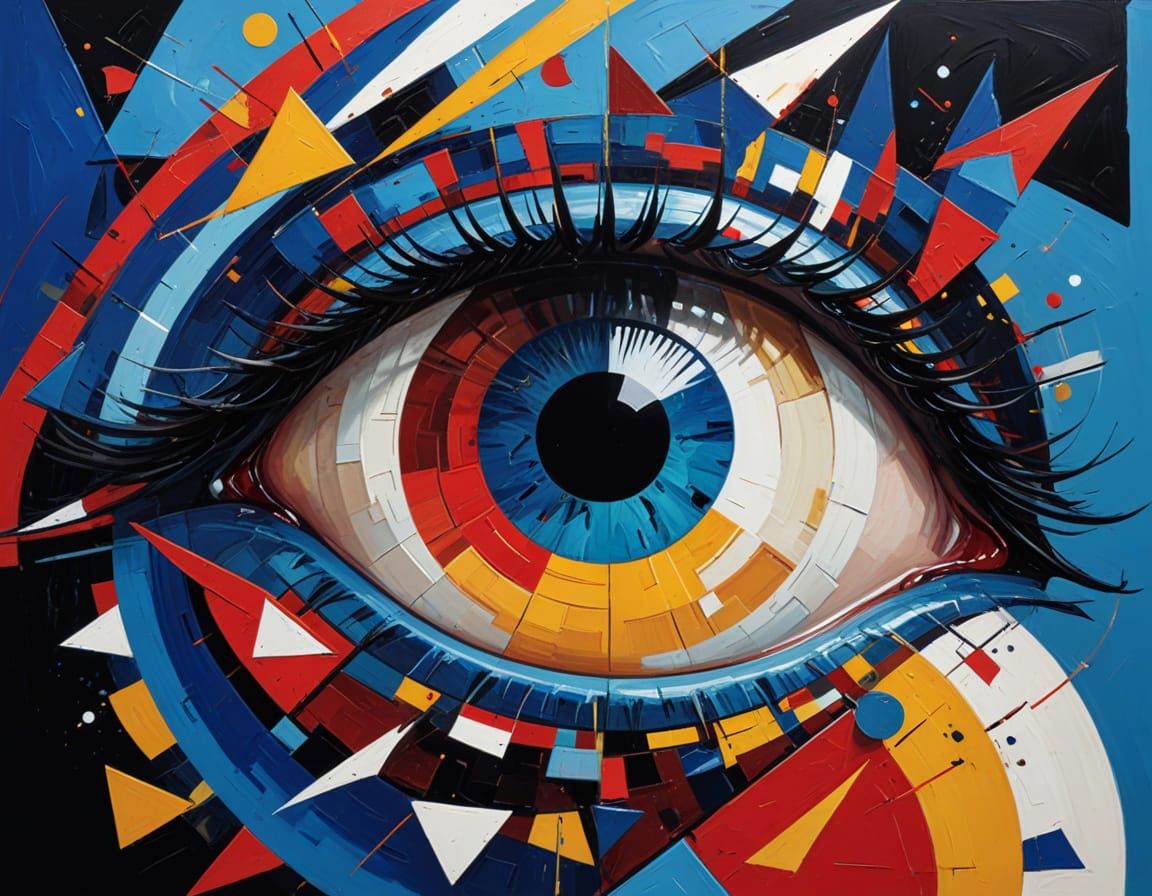 Cubist Geometric Eye in Vibrant Blue and Red
