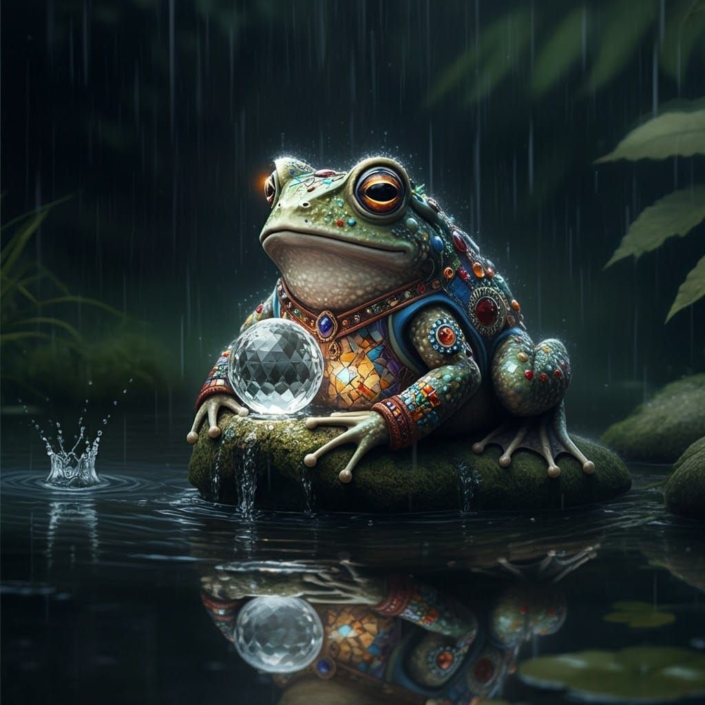 Mosaic Toad in Rainstorm with Crystal Ball