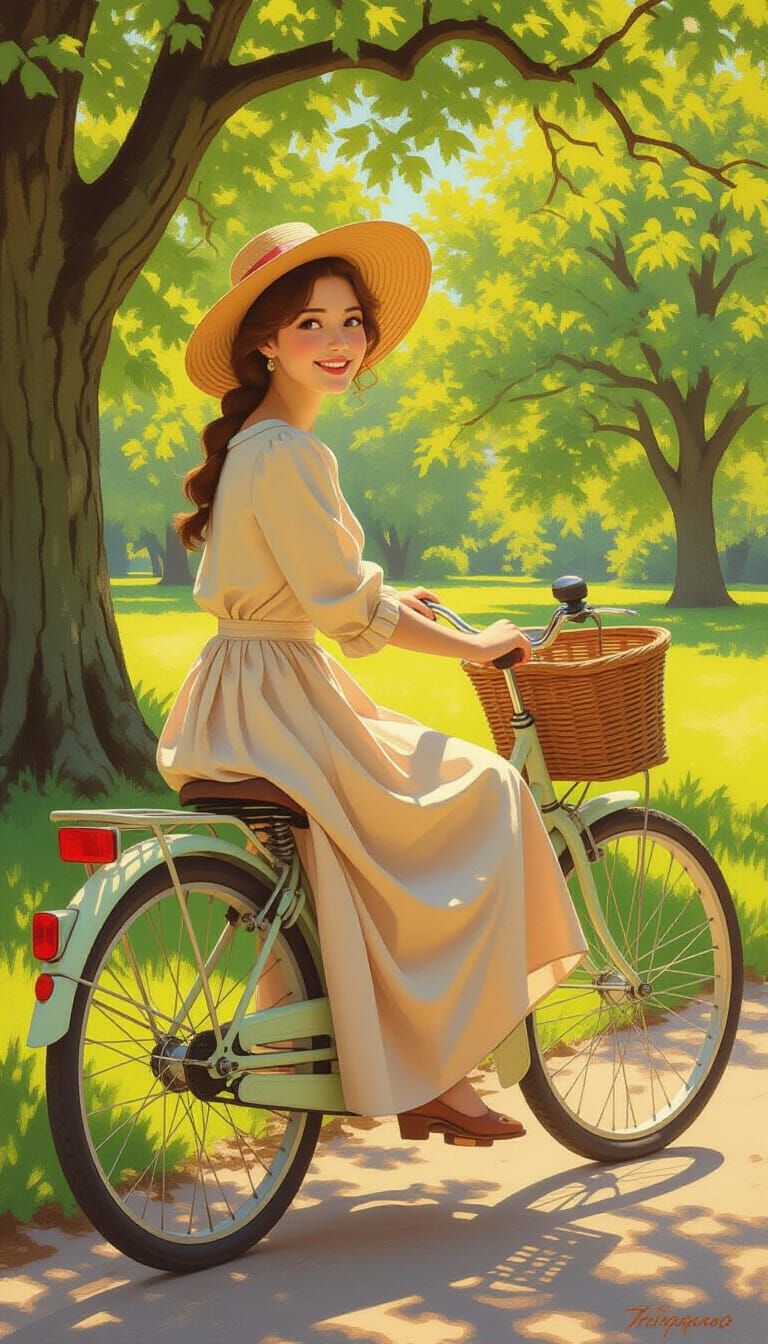 Woman on Bicycle Invites You to Join in Oil Painting Style
