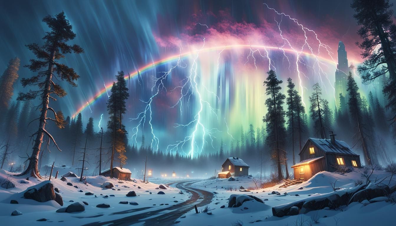 Dramatic Winter Forest Aurora Digital Painting