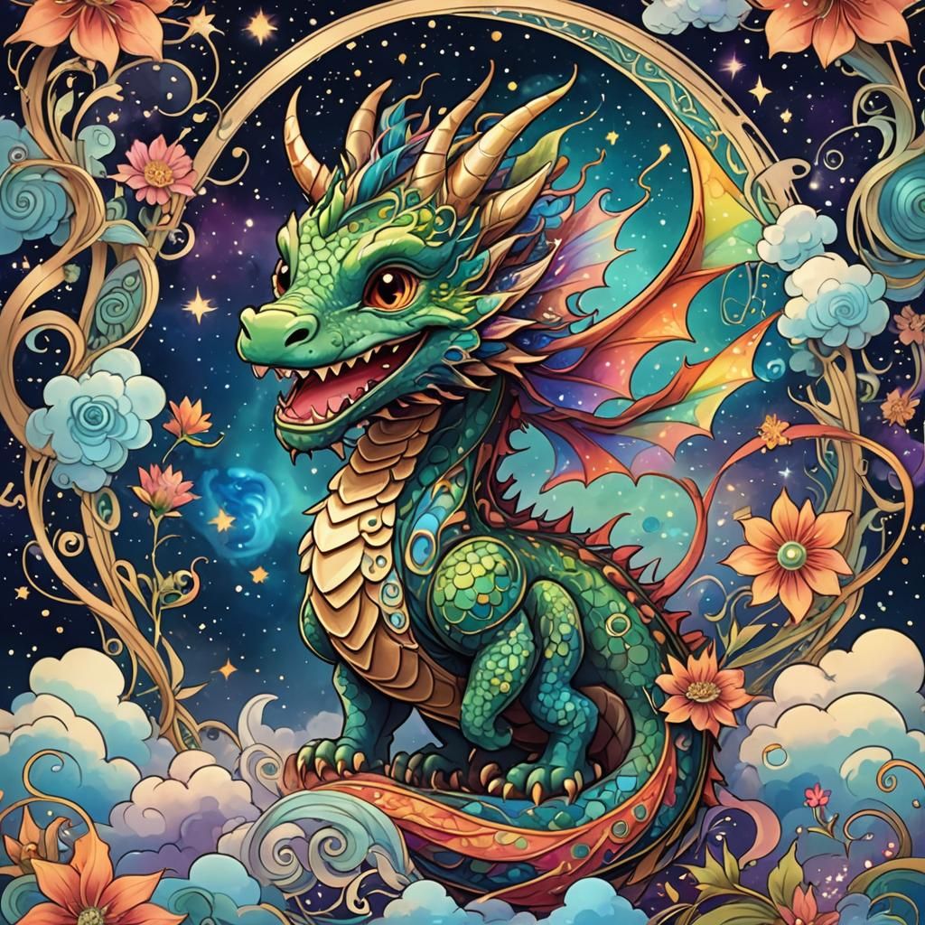 Art Nouveau Chibi Dragon in Astral Clouds