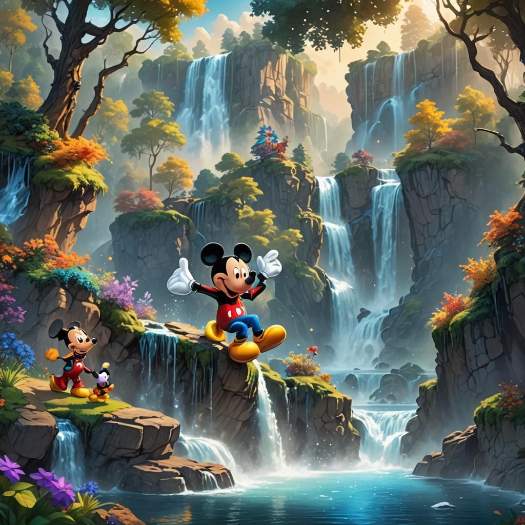 Goofy and Mickey Leap Into Waterfall: Fantasy Art