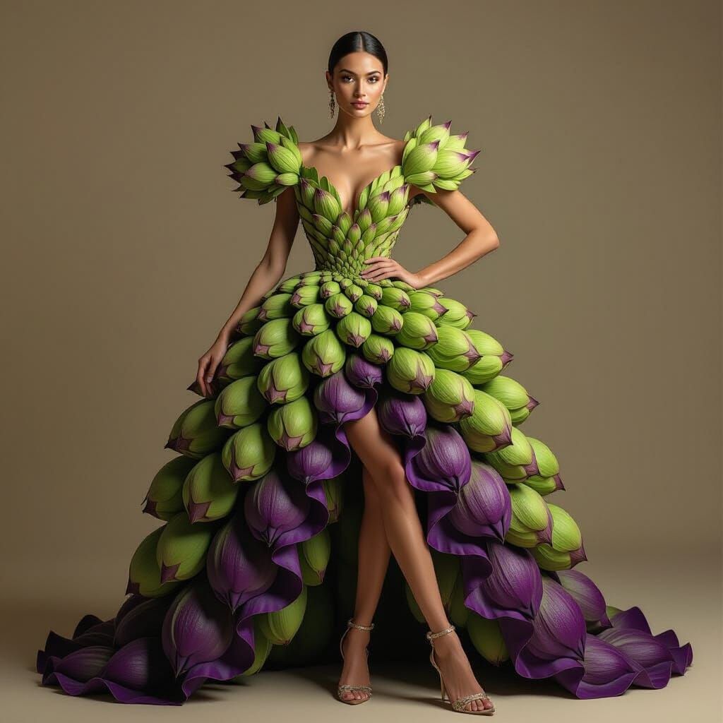 Woman in Haute Couture Artichoke Leaf Dress