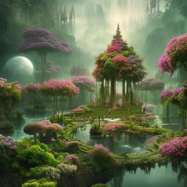 Utopian Cityscape with Floating Gardens and Crystal Palace