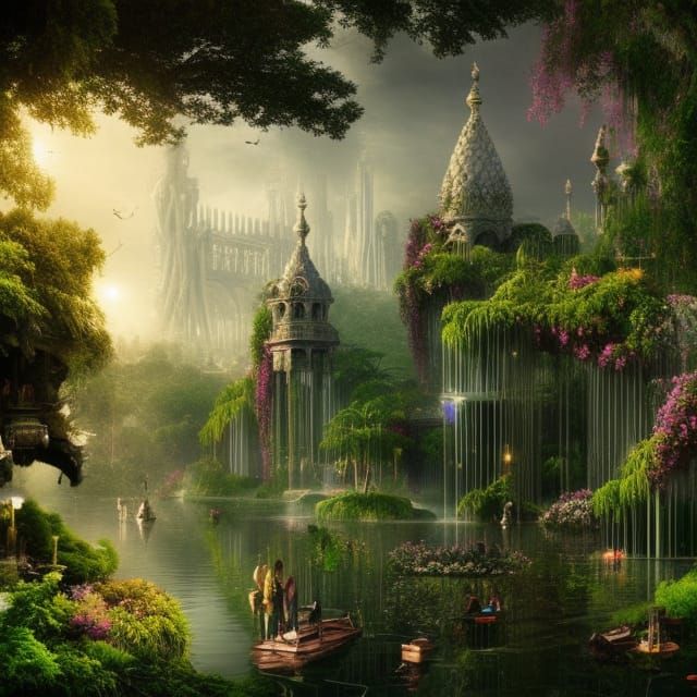 Utopian City with Floating Gardens