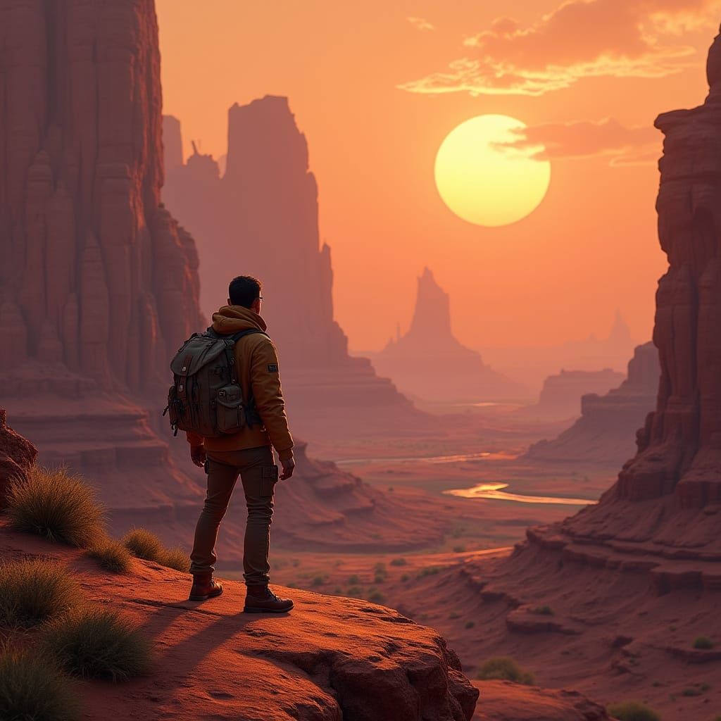 Surreal Desert Landscape at Sunset in a Detailed Matte Paint...