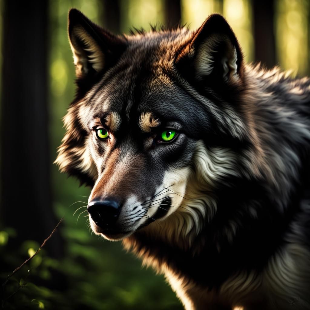 Angry Dark Wolf with Green Eyes in Forest