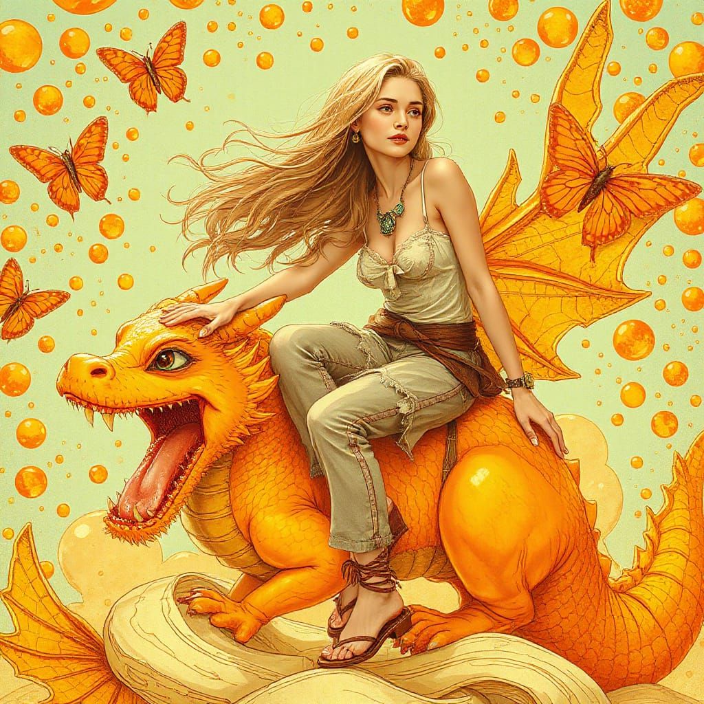 Woman on Gummy Dragon in Effervescent Sea