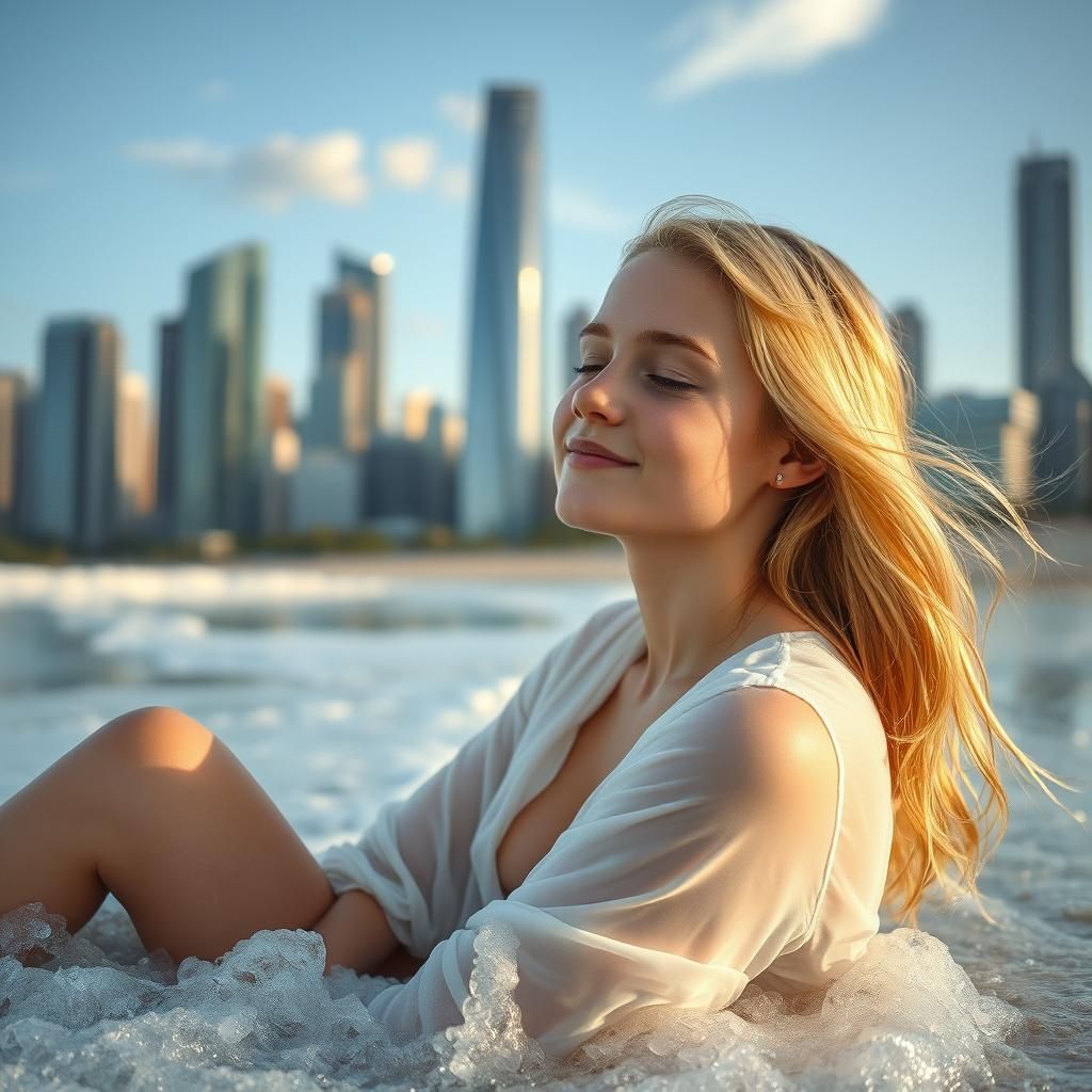 Girl on Beach: Photorealistic Portrait with Cityscape