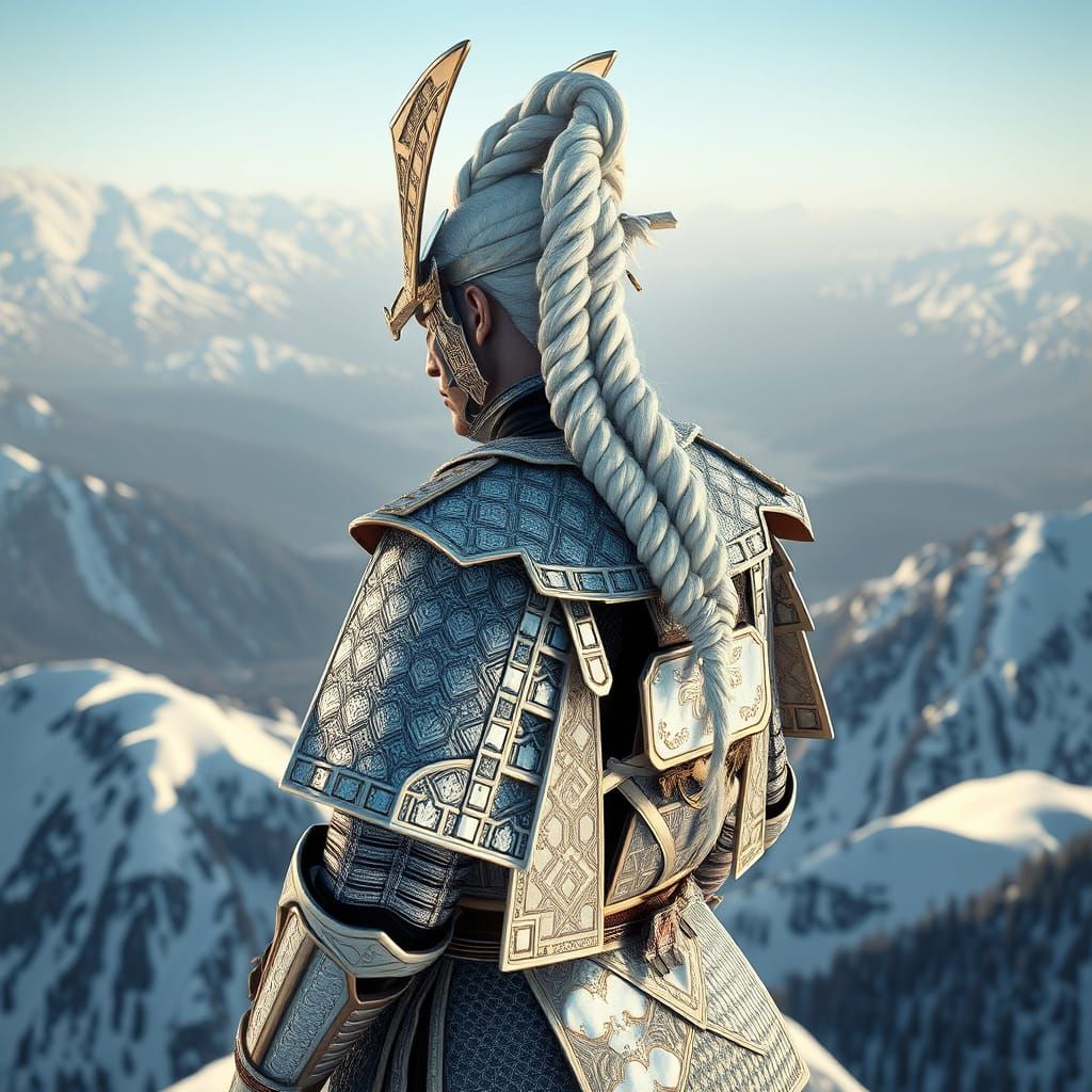 Samurai Warrior in White Armor Overlooking Landscape