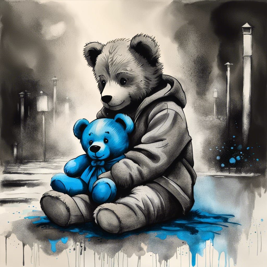 Emotional Charcoal Art: Homeless Child with Teddy Bear