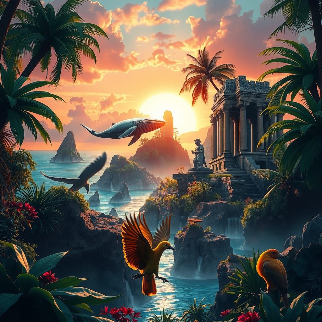 Mystical Island Sunset with Breaching Whale, Fantasy Art