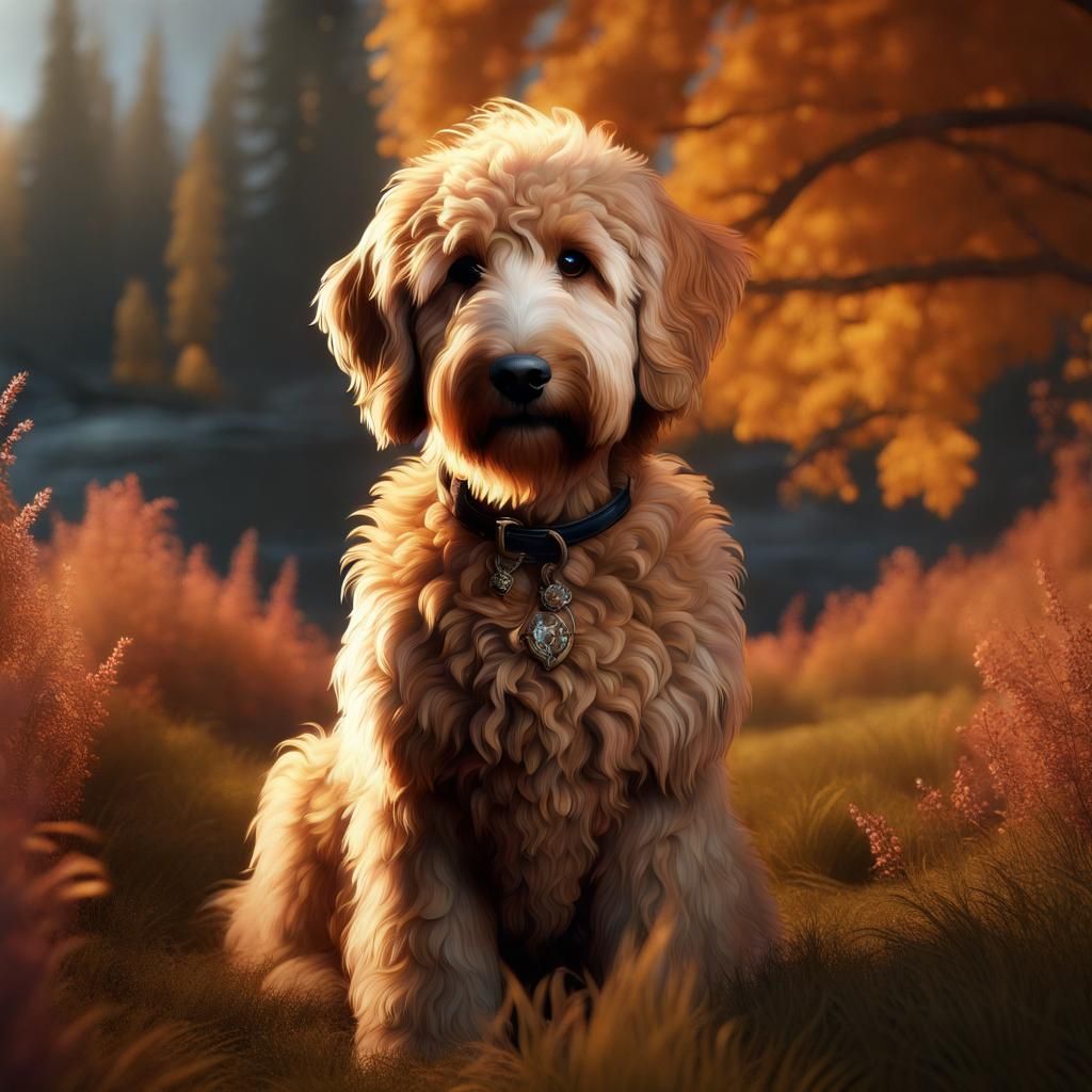 Ginger Goldendoodle in a Beautiful Fantasy Scene