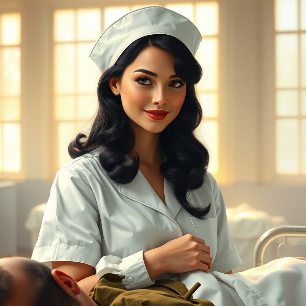 Elegant Nurse in 1940s Hospital Ward, Soft Light and Warm Co...