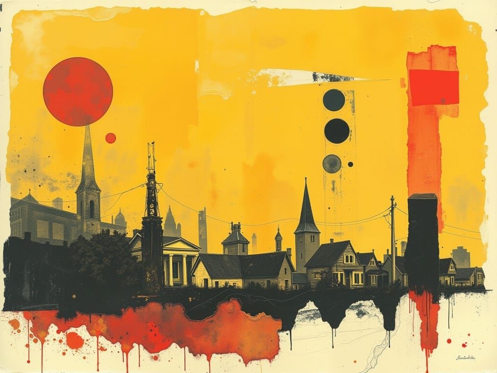 Dreamlike Watercolor Urban Landscape with Moody Tones