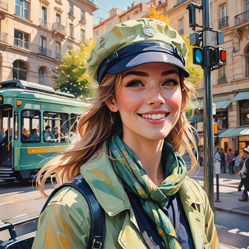 Smiling Tram Driver in Sunny City, Anime Impressionism