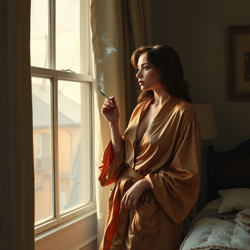 Medium: Gouache on textured paper
Style: Melancholic realism
Paint a female figure standing in a silken bathrobe near a ...