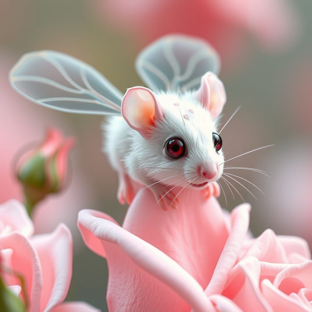 Adorable Bee-Mouse Flying Over Roses: Fantasy Art