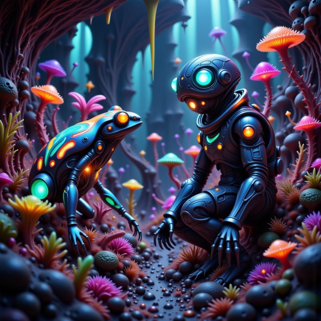 Alien Frog Encounters Space Trooper on Vibrant Planet