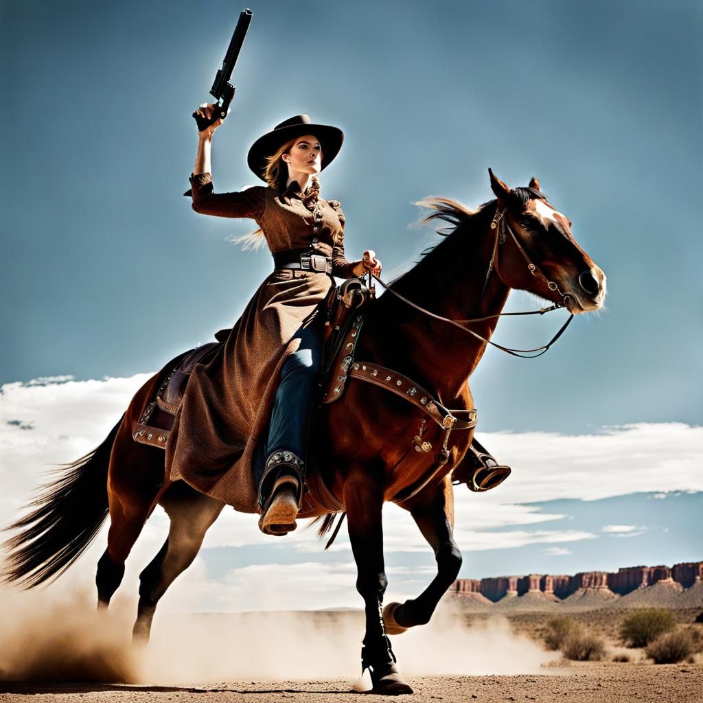 Cowgirl Shoots Revolver in Western Town
