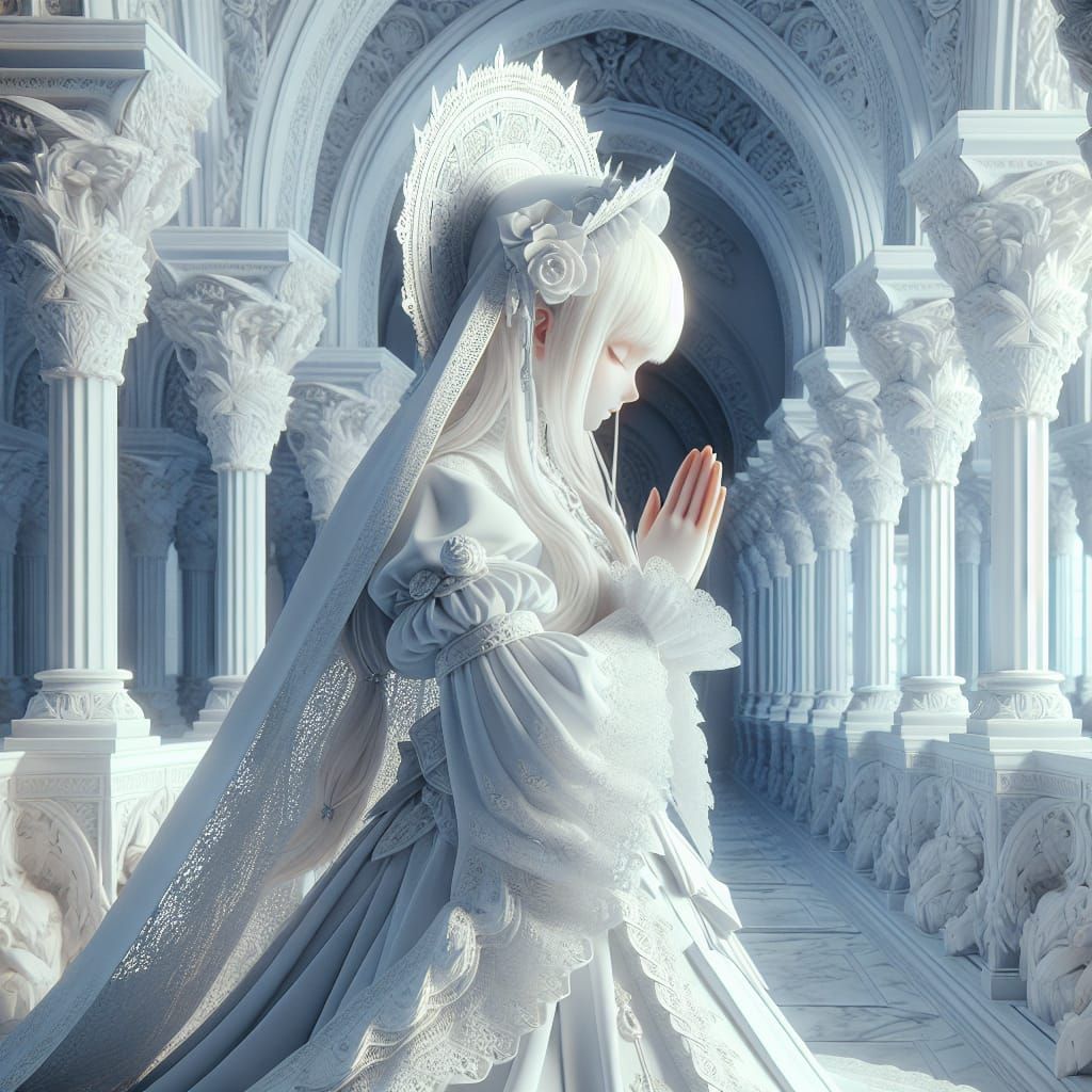 Albino Priestess Praying in Art Nouveau Anime Style
