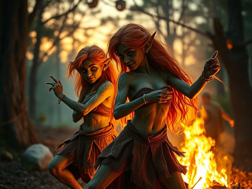 Hobgoblin Elf Twins' Campfire Ritual in Anime Style