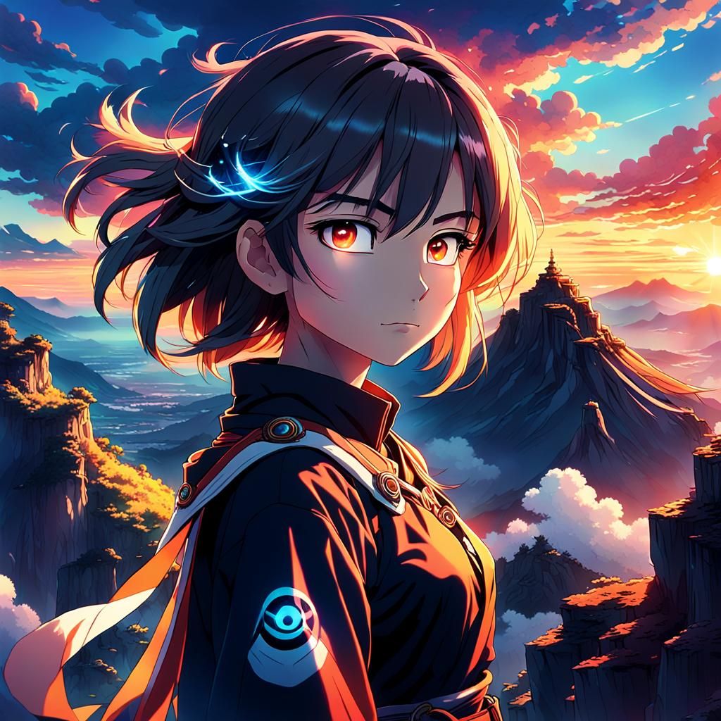 Anime Woman with Glowing Eye on Cliff at Sunset