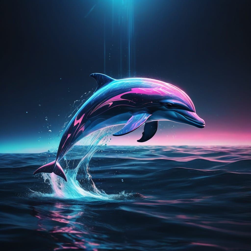 Holographic Dolphin Leaps from Ocean in Blue and Pink