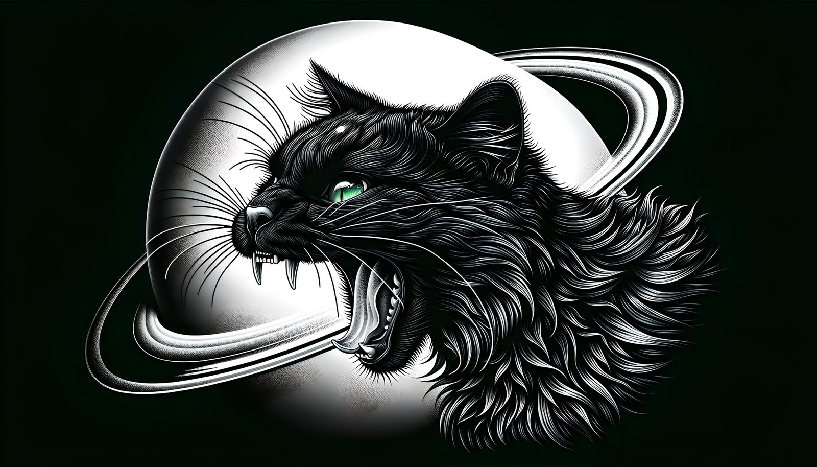 Black Cat Yawning under Saturn's Gaze