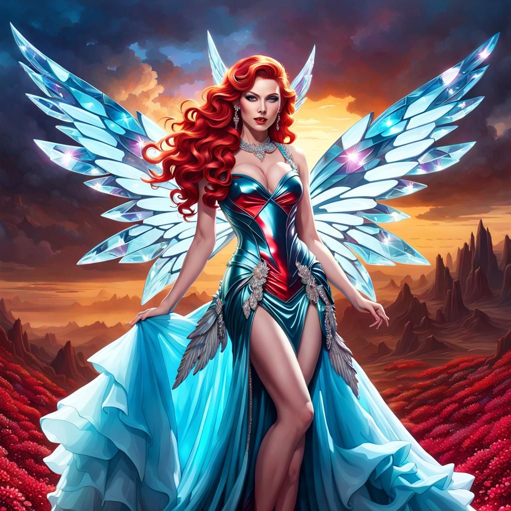 Beautiful Angel With Massive Wings Made Up Of Crytal Wings