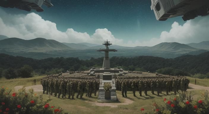 Hopeful Soldiers Gaze Over Lush Post-War Planet