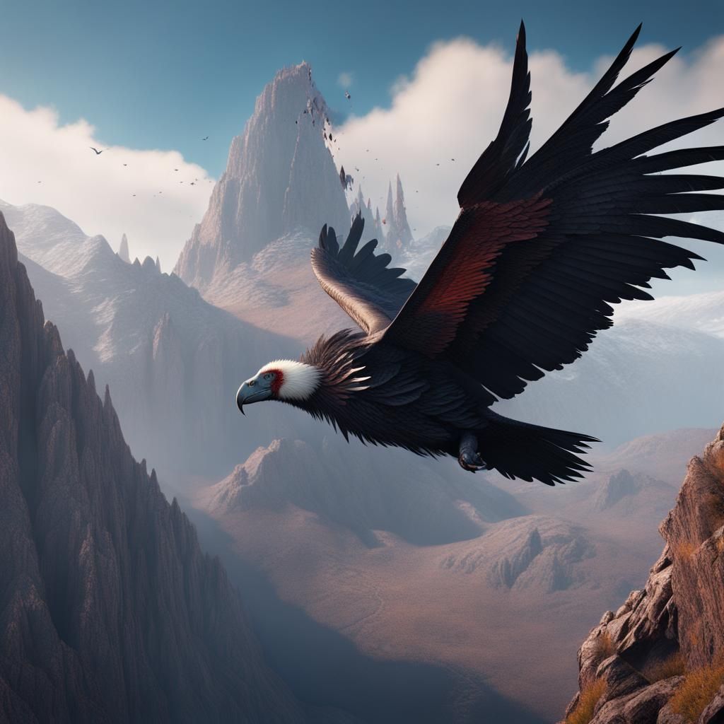 Condor Soaring Above Mountain Range in Detailed Matte Painti...