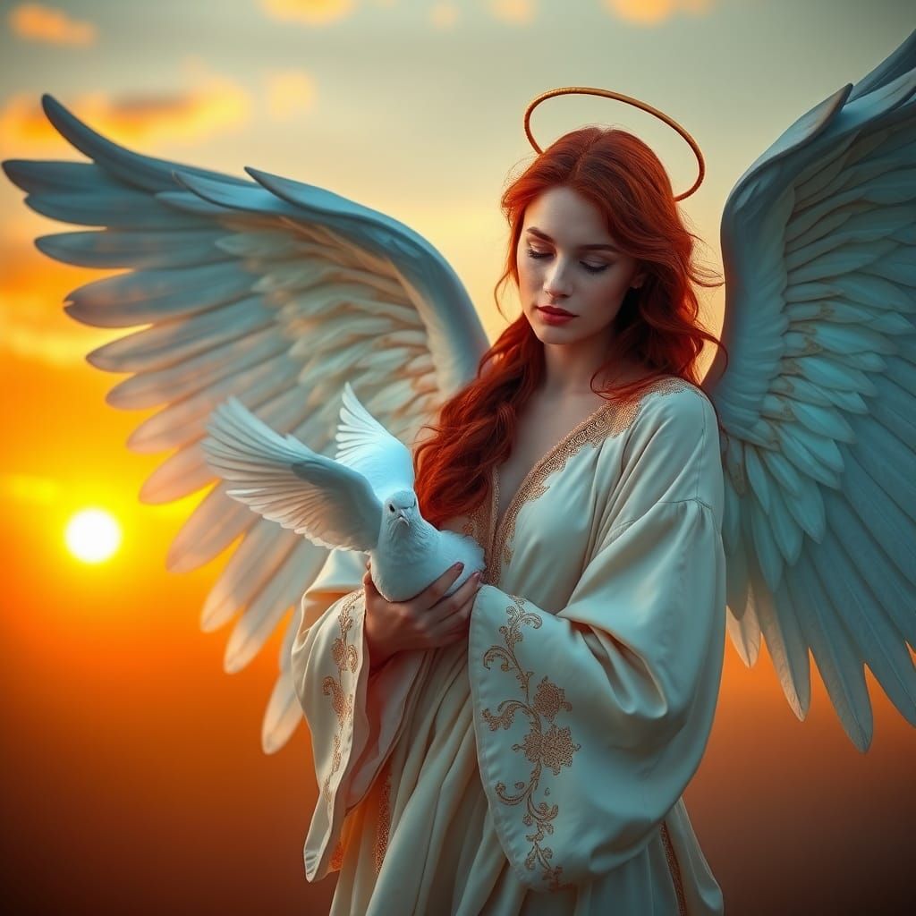 Red-Haired Angel with Dove and Blue Wings