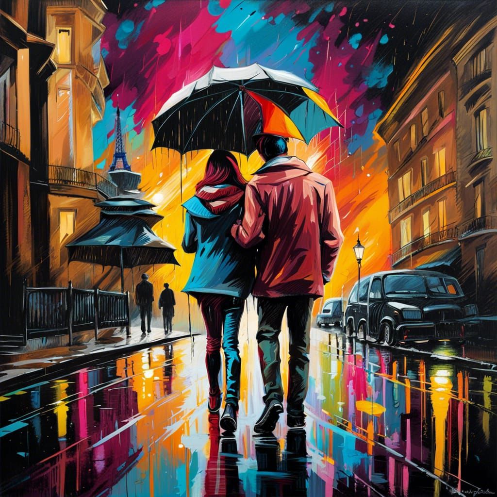 Couple in Rainy Paris: Graffiti Art