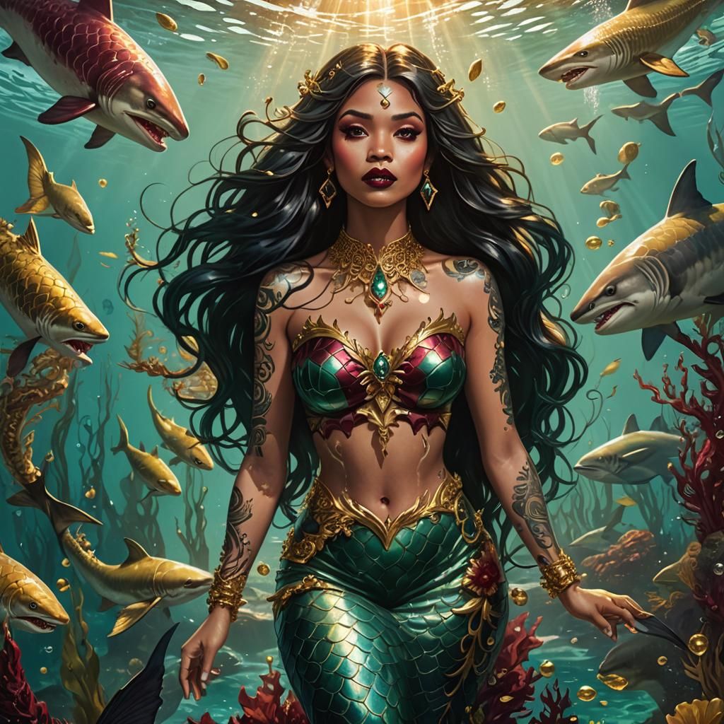 Colombian Mermaid Surrounded by Sharks in Fantasy Illustrati...
