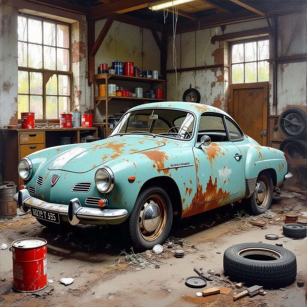 Abandoned Karmann Ghia in Dusty Workshop, Oil Painting
