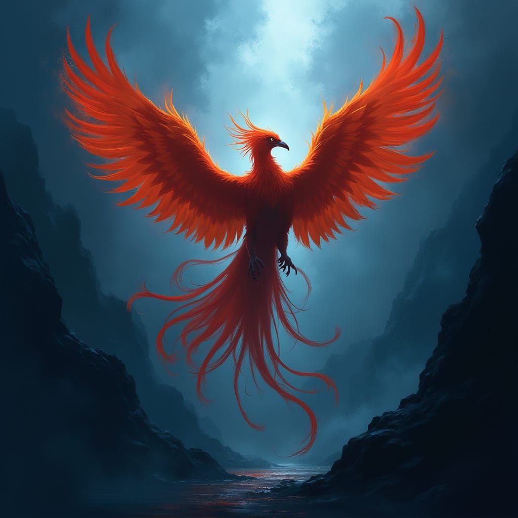 Futuristic Phoenix Ascends from Dark Silhouettes in Vibrant ...