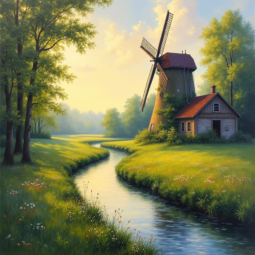 Idyllic Watermill Scene in Impressionist Oil Painting