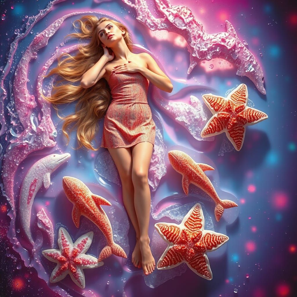 Golden Haired Woman Floats on Effervescent Soda Sea