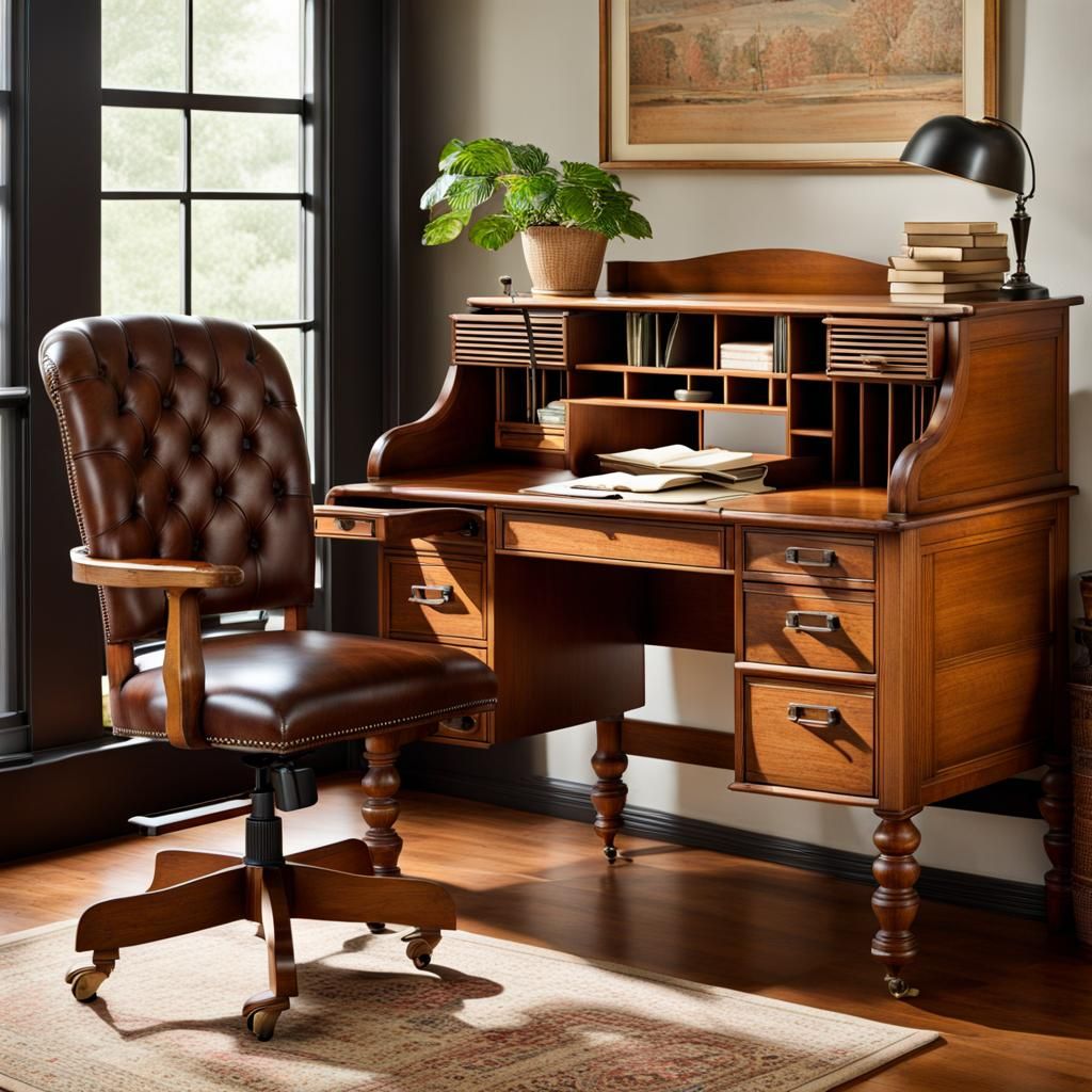 Vintage Roll-Top Desk with Chair