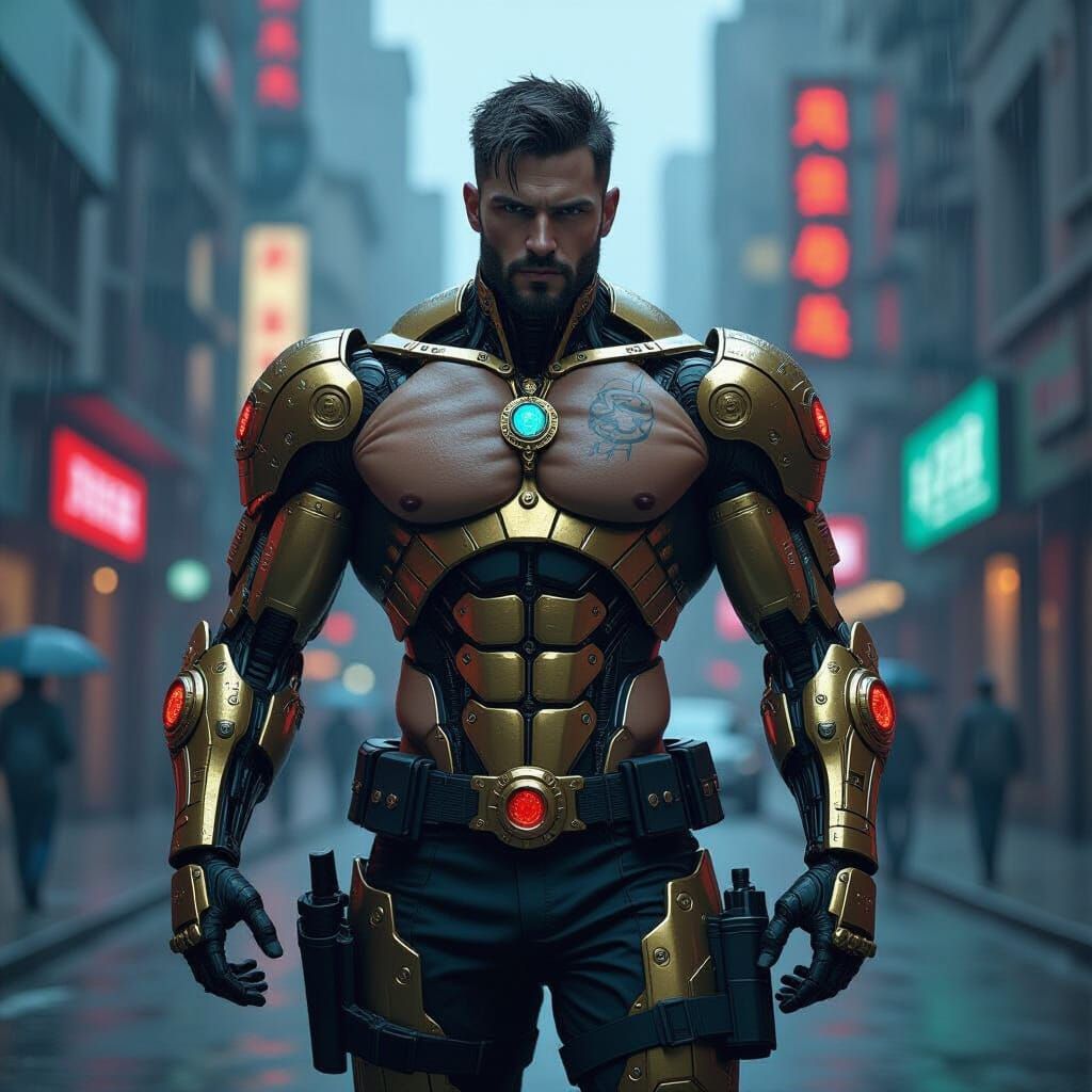 Tactical Cyborg Detective in Cyberpunk Cityscape