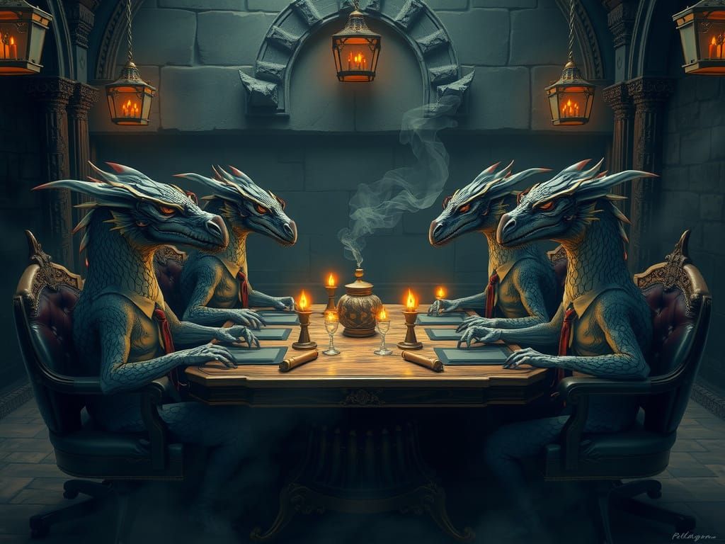 Dragons in Boardroom Meeting with Tiny Ties