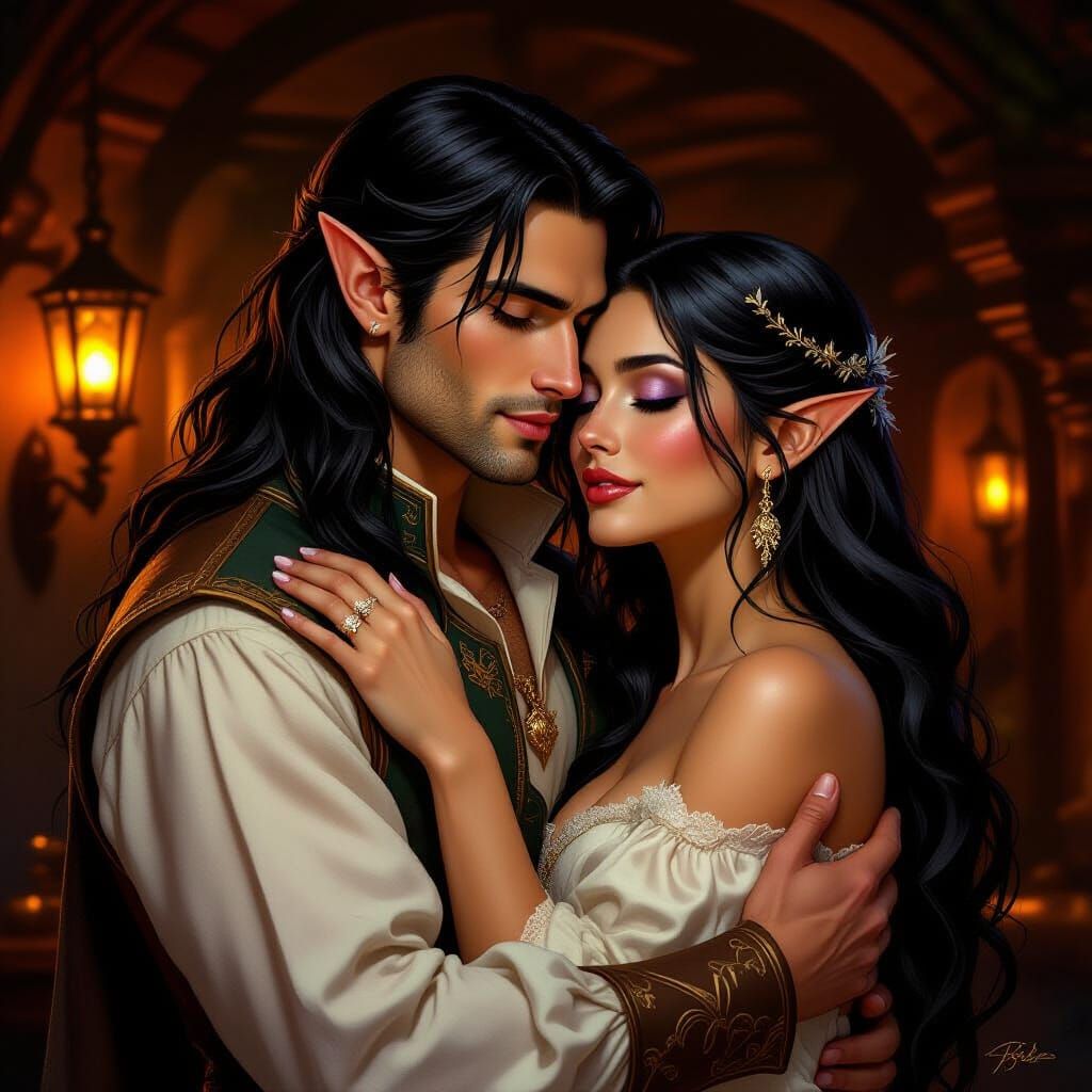 Romantic Elf Couple in Cozy Home, Fantasy Art