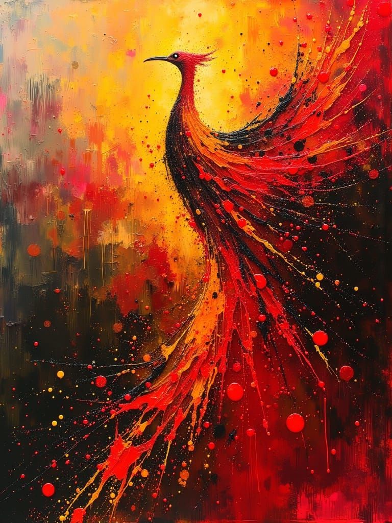 Phoenix Rebirth Abstract Expressionist Portrait in Fiery Hue...