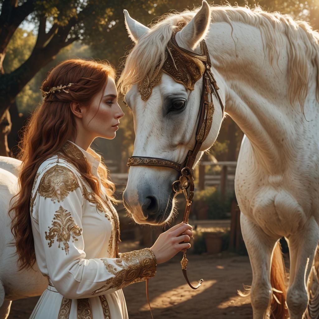 Auburn Haired Lady with White Horse, Matte Painting