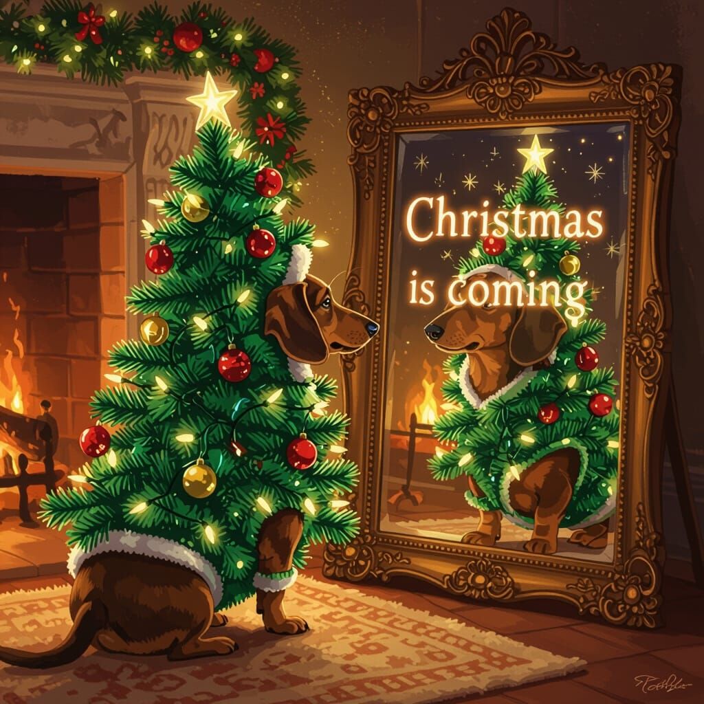 Dachshund in Christmas Tree Costume Sees Reflection