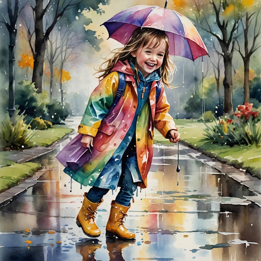 Girl Laughing in Rain: Whimsical Watercolor Art