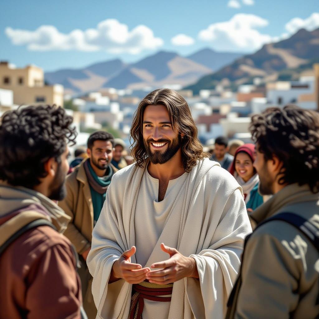 Jesus Engages with Modern People in Cityscape