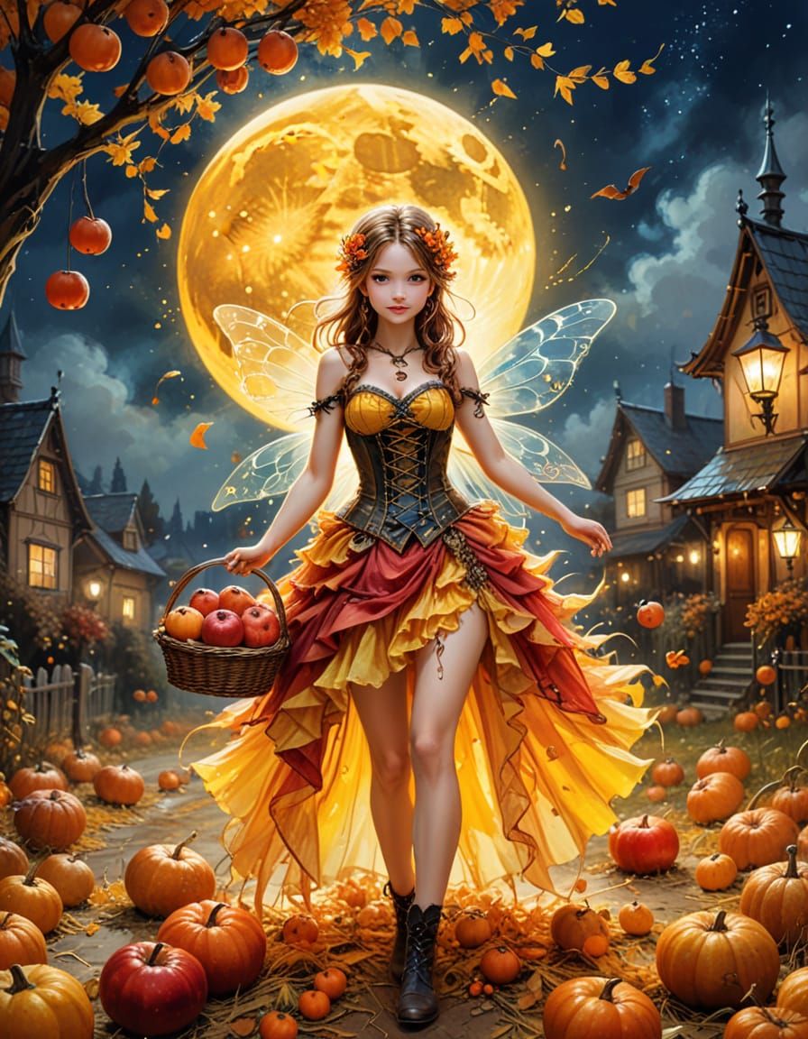 Steampunk Fairy in Autumn Harvest Cityscape